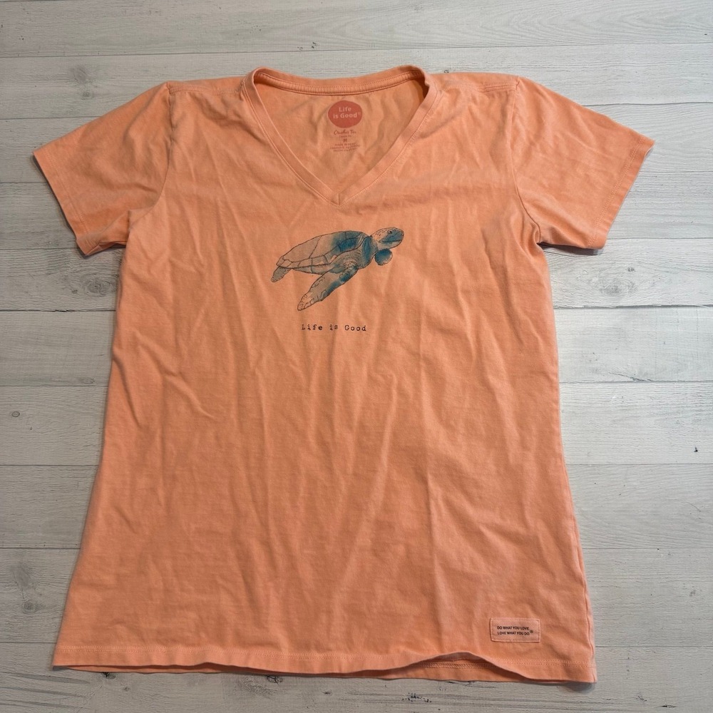 Life is Good Shirt Ladies Orange v neck Crusher Tee Turtle women's medium